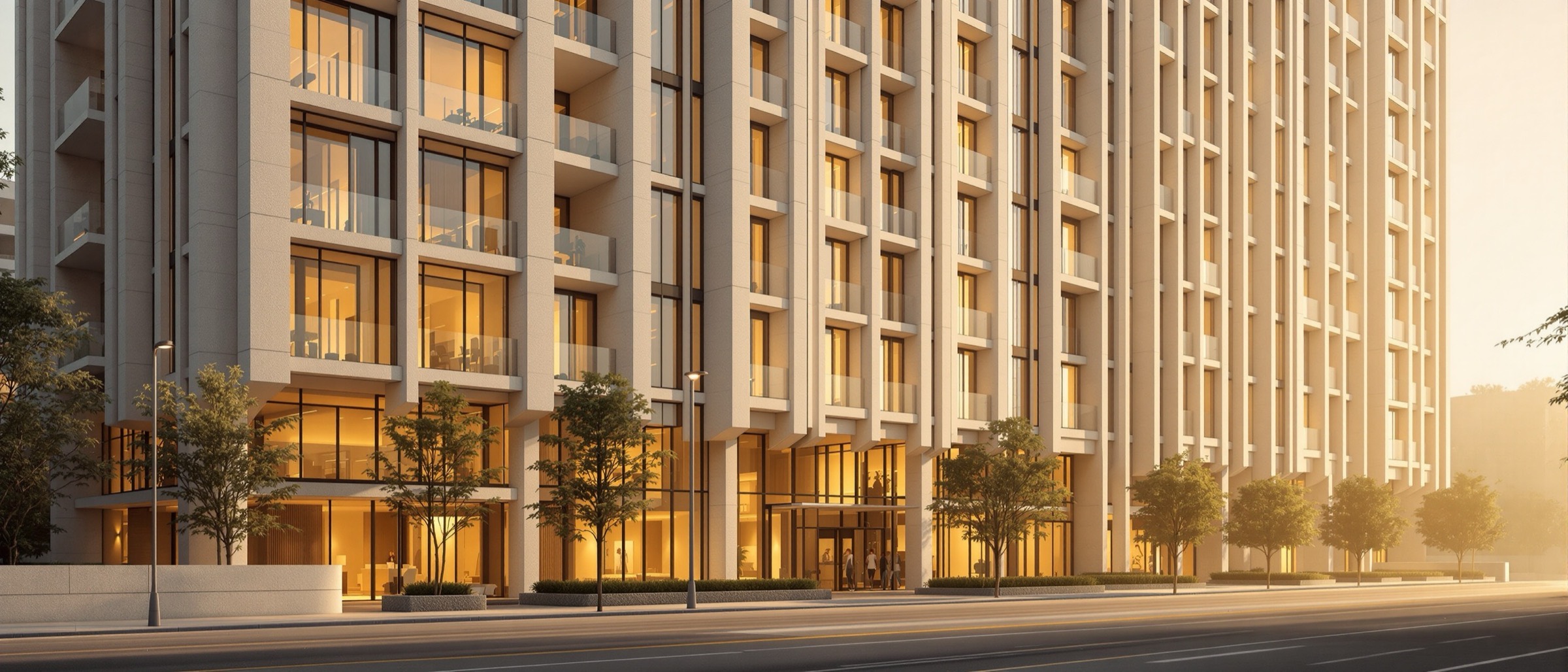A contemporary residential building at golden hour, interior lights coming on behind deep balconies.