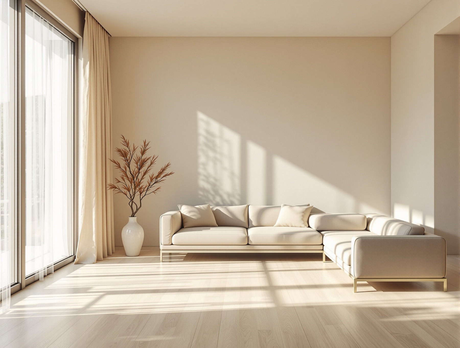 An empty premium apartment living room with morning light across a pale oak floor.